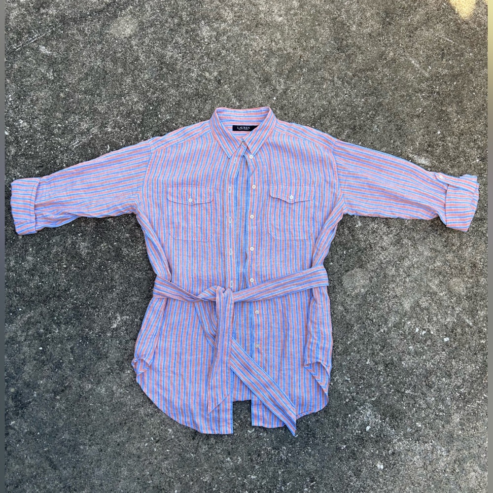 Ralph Lauren Black Label 100% Linen Orange And Blue Striped Cinch Waist Top